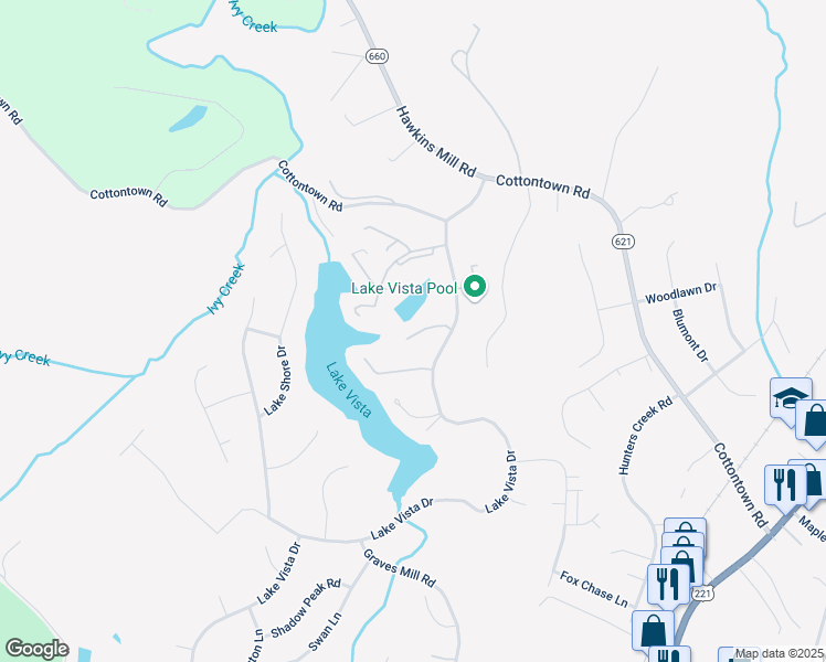 map of restaurants, bars, coffee shops, grocery stores, and more near 154 Sunset Ridge Road in Forest