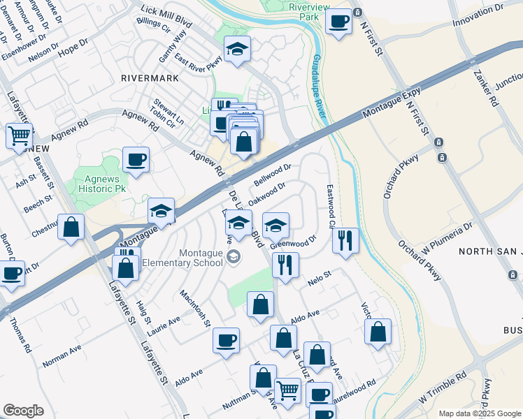 map of restaurants, bars, coffee shops, grocery stores, and more near 618 Oakwood Drive in Santa Clara