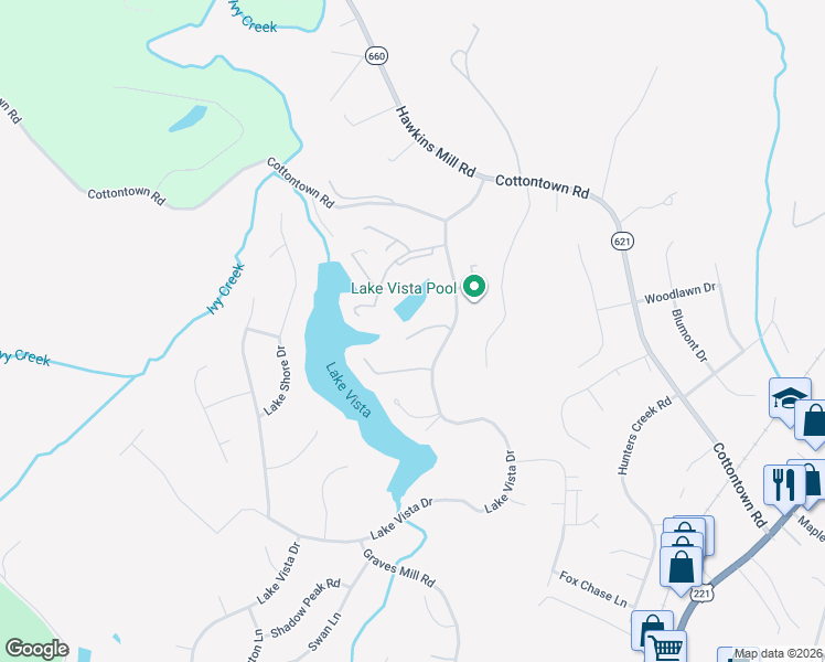map of restaurants, bars, coffee shops, grocery stores, and more near 161 Sunset Ridge Road in Forest