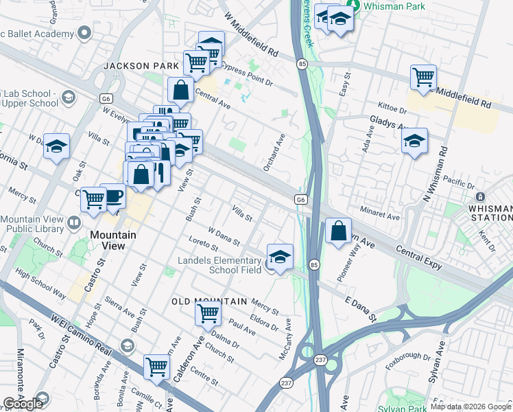 map of restaurants, bars, coffee shops, grocery stores, and more near 240 Pine Way in Mountain View