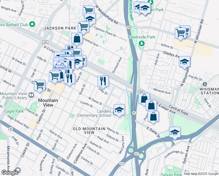 map of restaurants, bars, coffee shops, grocery stores, and more near 240 Pine Way in Mountain View
