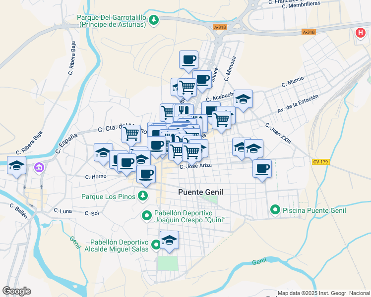 map of restaurants, bars, coffee shops, grocery stores, and more near 50 Avenida Manuel Reina in Puente Genil
