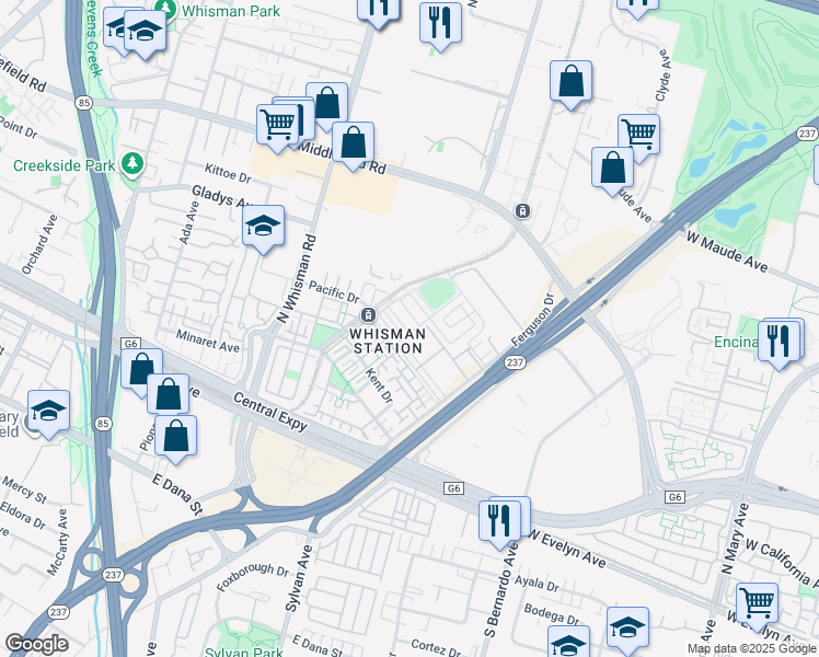 map of restaurants, bars, coffee shops, grocery stores, and more near 3400 Pyramid Way in Mountain View