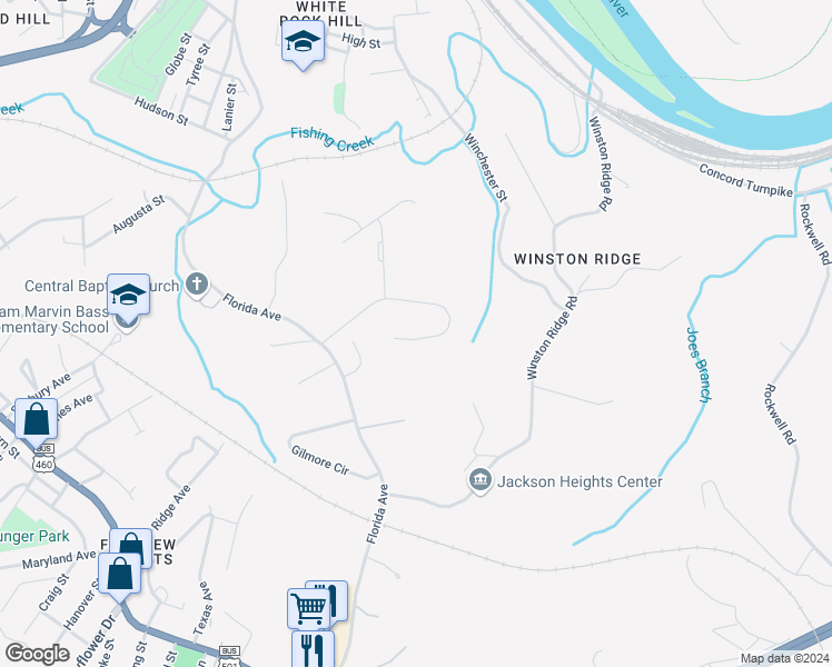 map of restaurants, bars, coffee shops, grocery stores, and more near 800 Greenfield Drive in Lynchburg