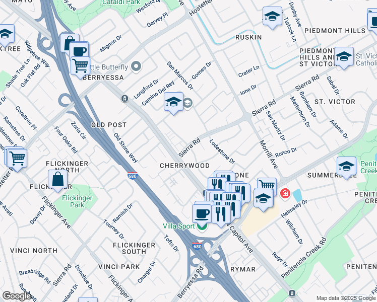 map of restaurants, bars, coffee shops, grocery stores, and more near 2450 Amaryl Drive in San Jose