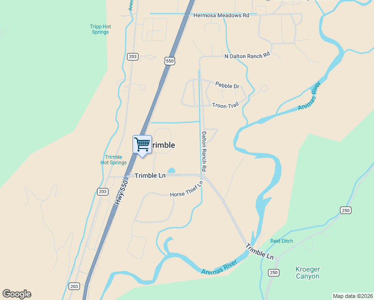 map of restaurants, bars, coffee shops, grocery stores, and more near 208 Trimble Crossing Drive in Durango