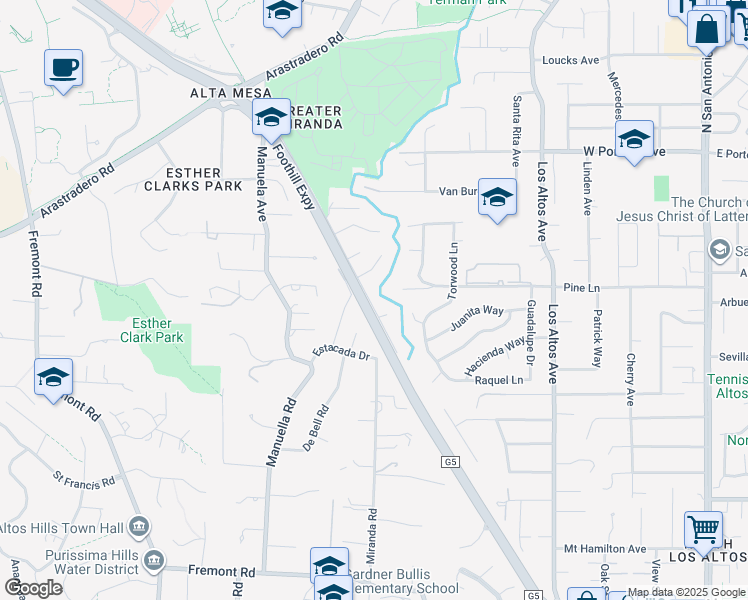 map of restaurants, bars, coffee shops, grocery stores, and more near 4327 Miranda Avenue in Palo Alto