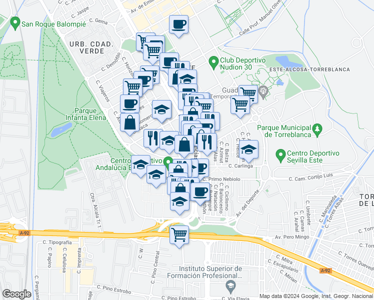 map of restaurants, bars, coffee shops, grocery stores, and more near 3 Calle Juan Gil in Sevilla