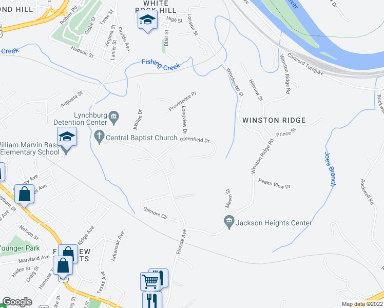 map of restaurants, bars, coffee shops, grocery stores, and more near 844 Greenfield Drive in Lynchburg