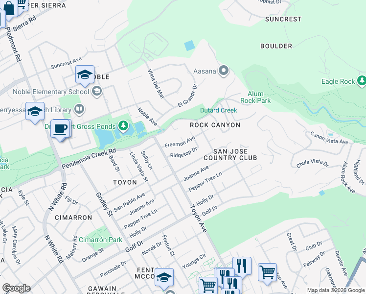 map of restaurants, bars, coffee shops, grocery stores, and more near 14980 Freeman Avenue in San Jose