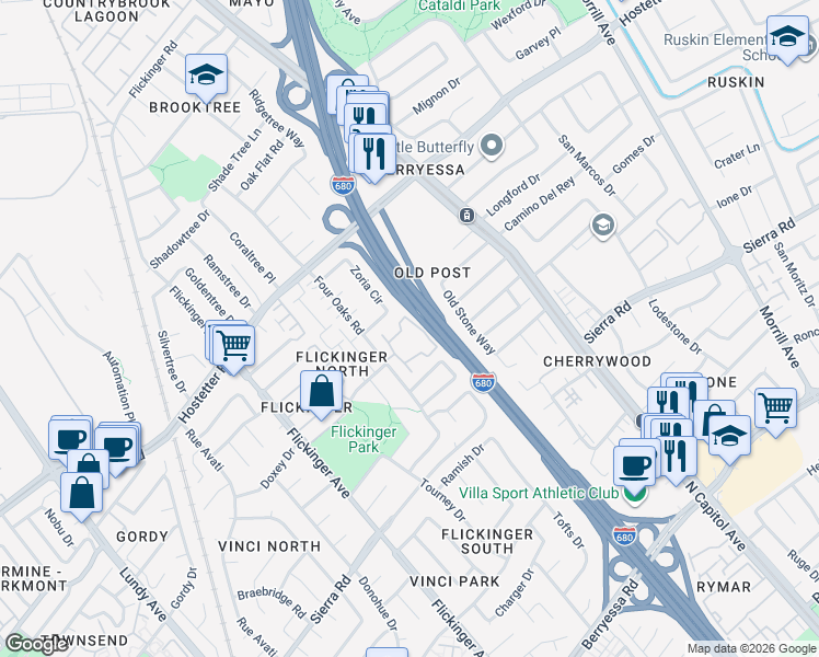 map of restaurants, bars, coffee shops, grocery stores, and more near 1488 Four Oaks Circle in San Jose