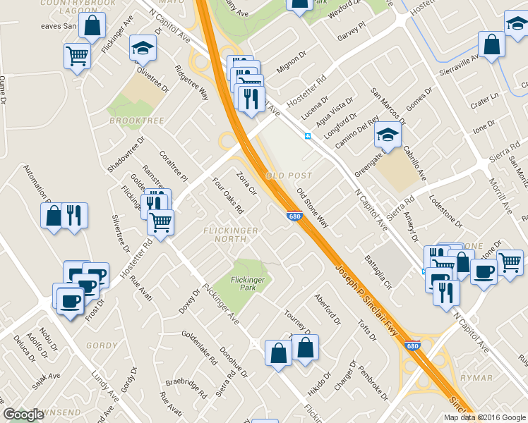 map of restaurants, bars, coffee shops, grocery stores, and more near 1488 Four Oaks Circle in San Jose