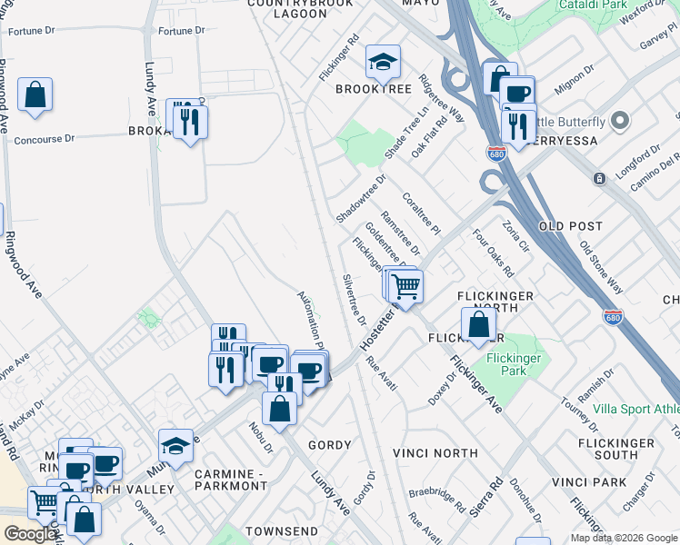 map of restaurants, bars, coffee shops, grocery stores, and more near 1723 Silvertree Drive in San Jose