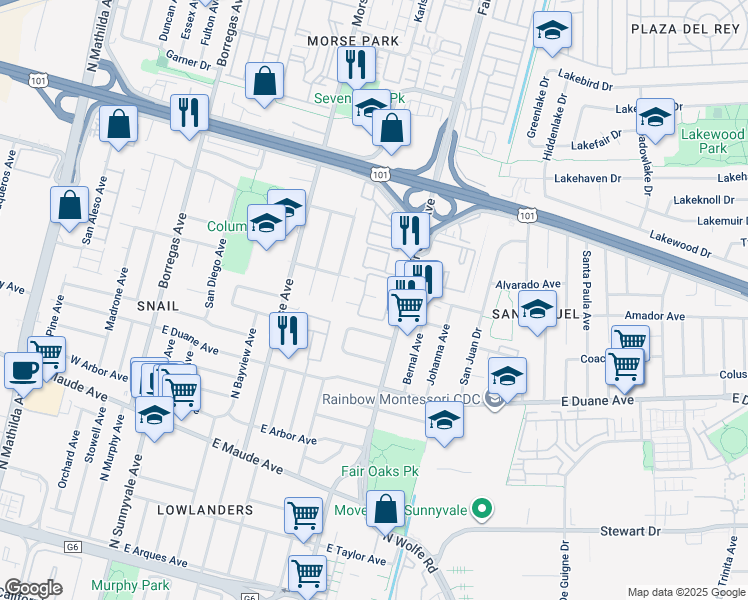 map of restaurants, bars, coffee shops, grocery stores, and more near 613 San Conrado Terrace in Sunnyvale
