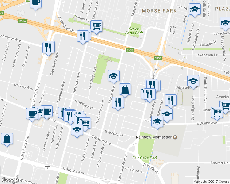 map of restaurants, bars, coffee shops, grocery stores, and more near 674 Morse Avenue in Sunnyvale