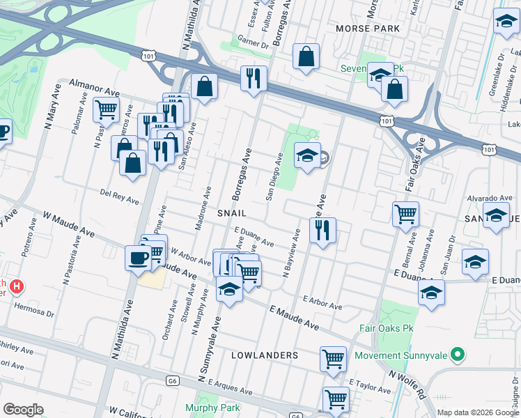 map of restaurants, bars, coffee shops, grocery stores, and more near 248 Eureka Court in Sunnyvale