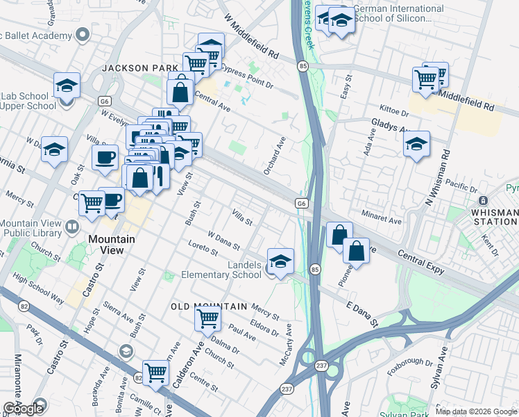 map of restaurants, bars, coffee shops, grocery stores, and more near 100 Calderon Avenue in Mountain View