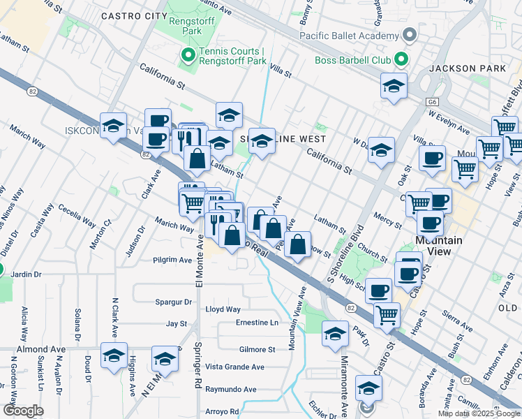 map of restaurants, bars, coffee shops, grocery stores, and more near 679 Chiquita Avenue in Mountain View