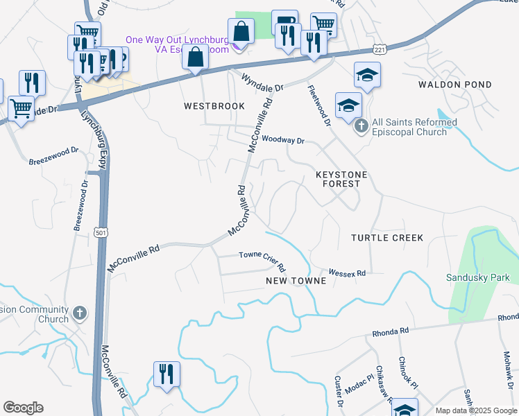 map of restaurants, bars, coffee shops, grocery stores, and more near 300 McConville Road in Lynchburg