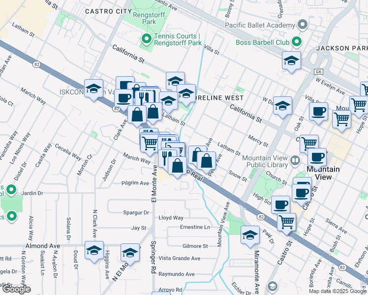 map of restaurants, bars, coffee shops, grocery stores, and more near 700 Chiquita Avenue in Mountain View