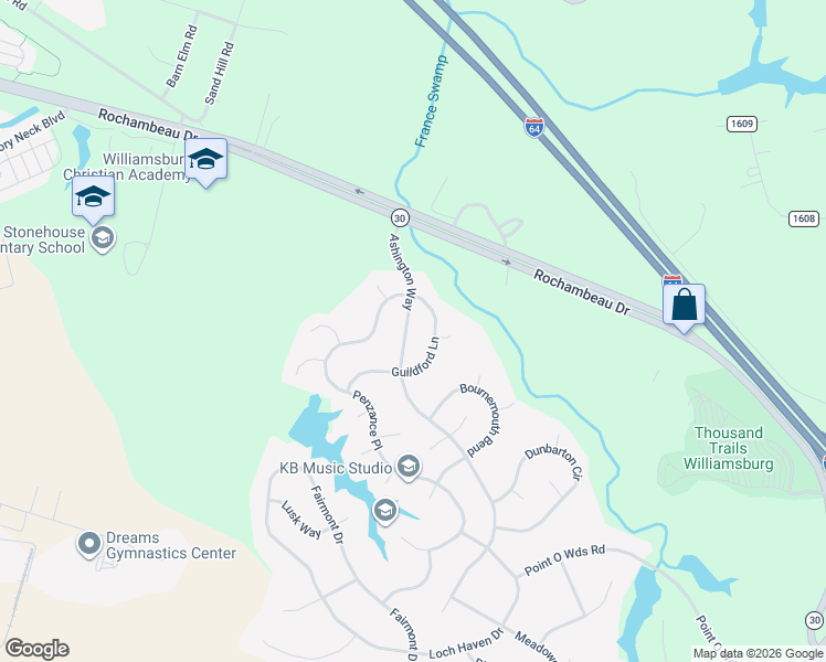 map of restaurants, bars, coffee shops, grocery stores, and more near 8419 Ashington Way in Williamsburg