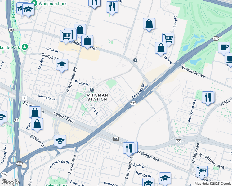 map of restaurants, bars, coffee shops, grocery stores, and more near 420 Ferguson Drive in Mountain View