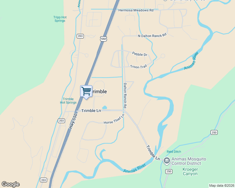 map of restaurants, bars, coffee shops, grocery stores, and more near Dalton Ranch Rd in Durango