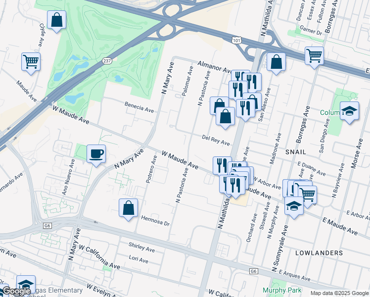 map of restaurants, bars, coffee shops, grocery stores, and more near 575 North Pastoria Avenue in Sunnyvale