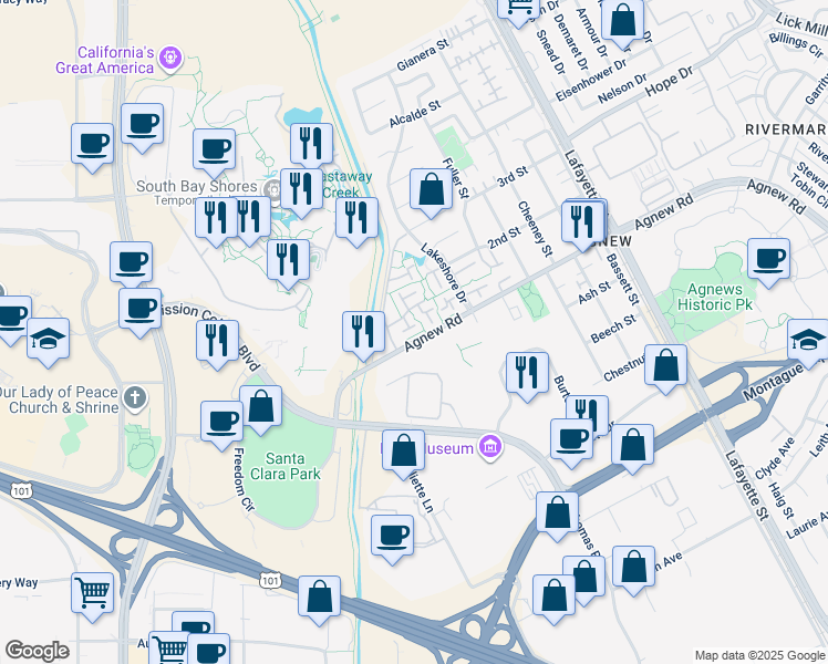 map of restaurants, bars, coffee shops, grocery stores, and more near 4216 Atlantic Court in Santa Clara