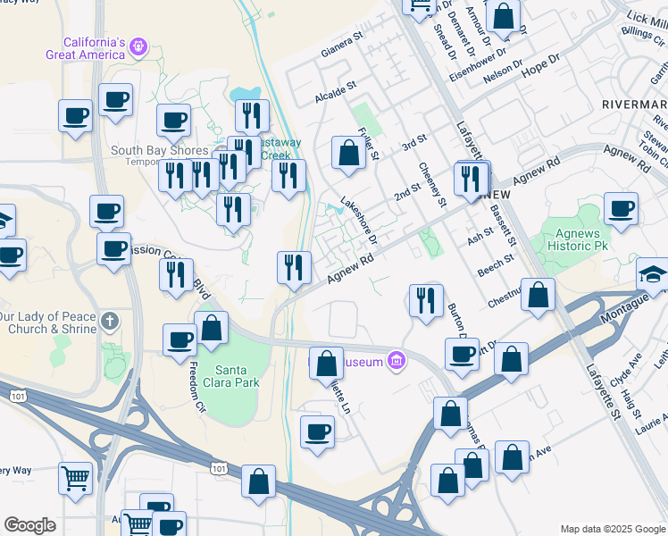 map of restaurants, bars, coffee shops, grocery stores, and more near 4216 Atlantic Court in Santa Clara