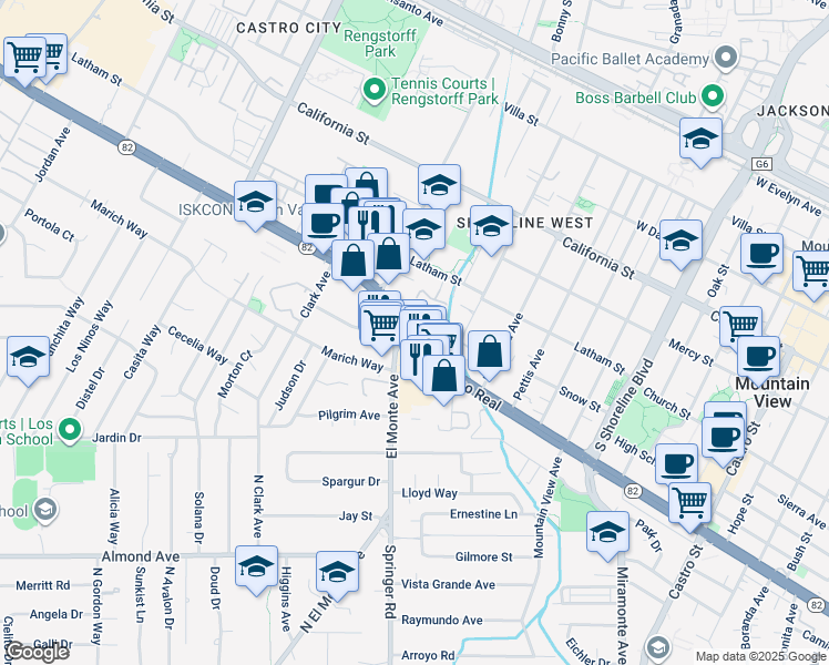 map of restaurants, bars, coffee shops, grocery stores, and more near W El Camino Real & El Monte Ave in Mountain View
