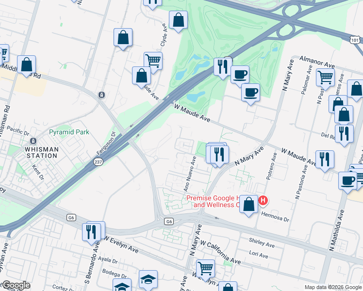 map of restaurants, bars, coffee shops, grocery stores, and more near 443 Costa Mesa Terrace in Sunnyvale
