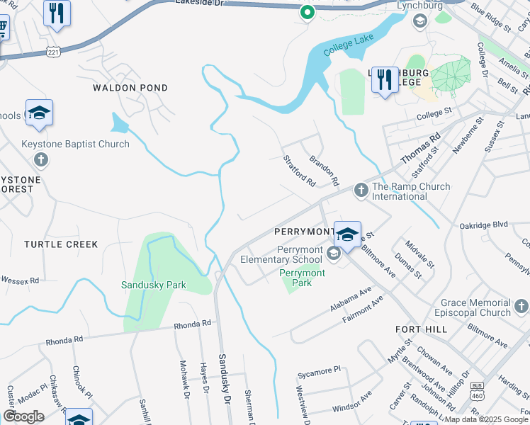 map of restaurants, bars, coffee shops, grocery stores, and more near 4624 Ferncliff Drive in Lynchburg
