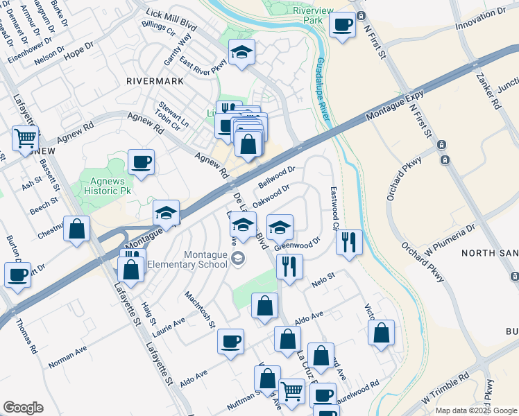 map of restaurants, bars, coffee shops, grocery stores, and more near 618 Oakwood Drive in Santa Clara