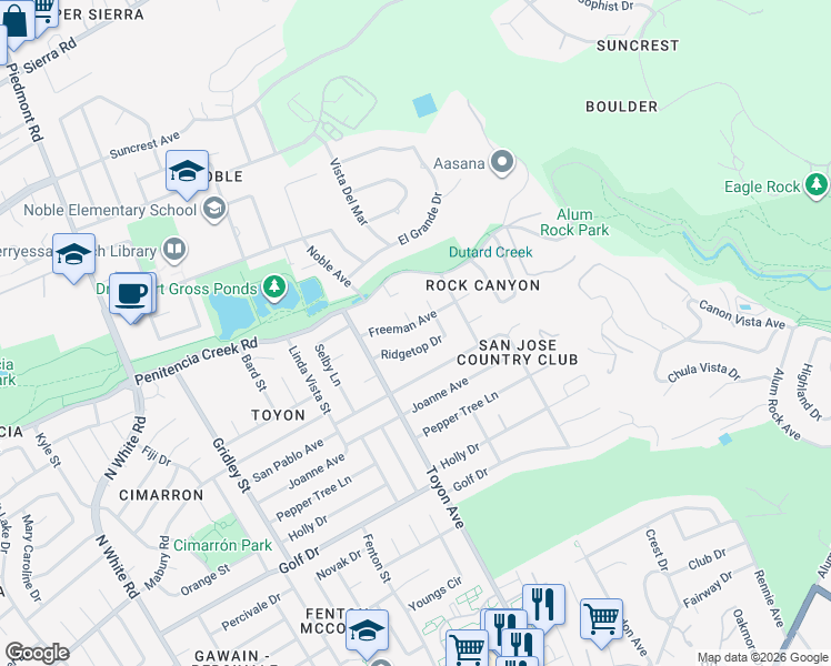map of restaurants, bars, coffee shops, grocery stores, and more near 14980 Freeman Avenue in San Jose