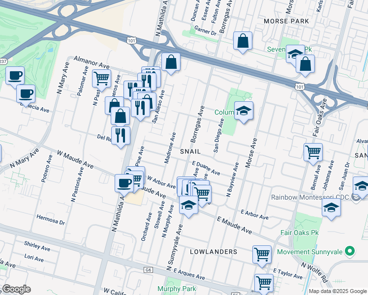 map of restaurants, bars, coffee shops, grocery stores, and more near in Sunnyvale