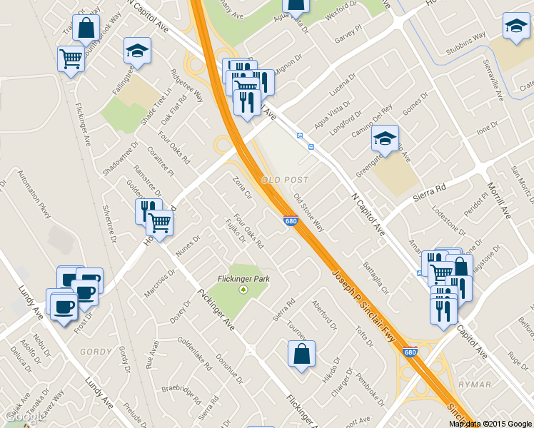 map of restaurants, bars, coffee shops, grocery stores, and more near 1488 Four Oaks Circle in San Jose
