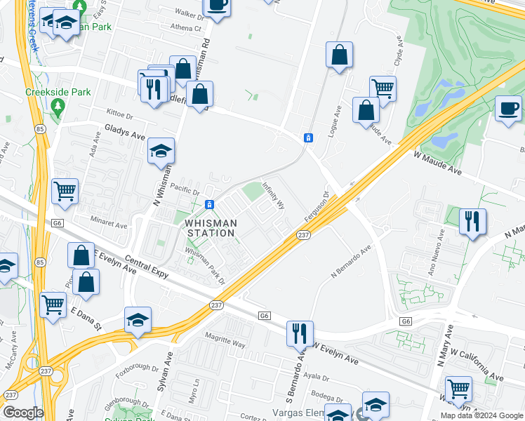 map of restaurants, bars, coffee shops, grocery stores, and more near 143 Orbit Way in Mountain View