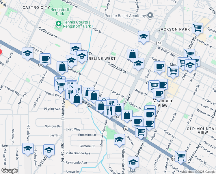 map of restaurants, bars, coffee shops, grocery stores, and more near 1492 Latham Street in Mountain View