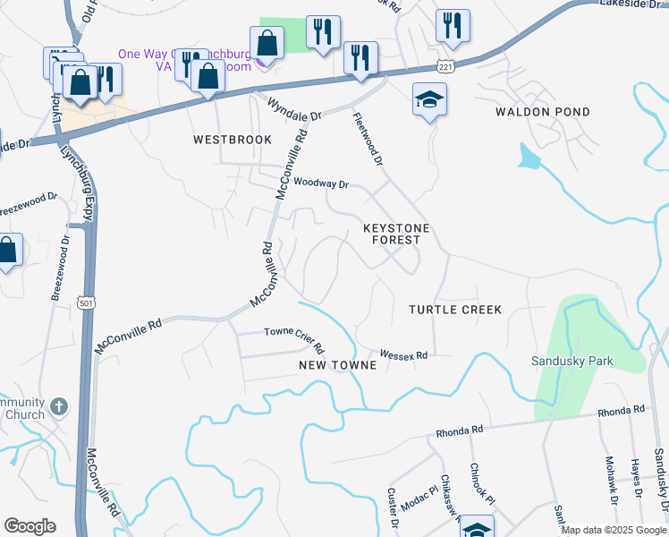 map of restaurants, bars, coffee shops, grocery stores, and more near 307 Killarney Court in Lynchburg