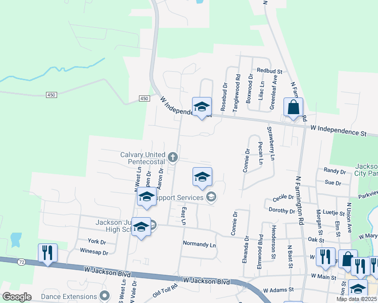 map of restaurants, bars, coffee shops, grocery stores, and more near 670 Broadridge Drive in Jackson