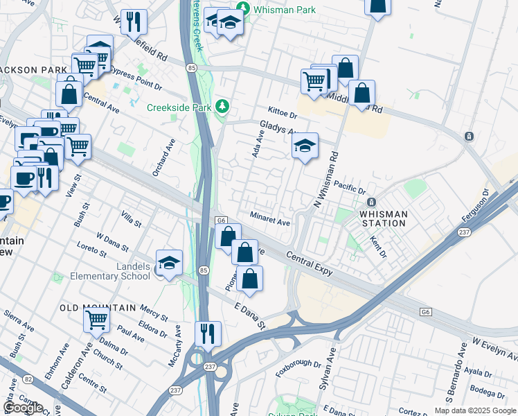 map of restaurants, bars, coffee shops, grocery stores, and more near 117 Avellino Way in Mountain View