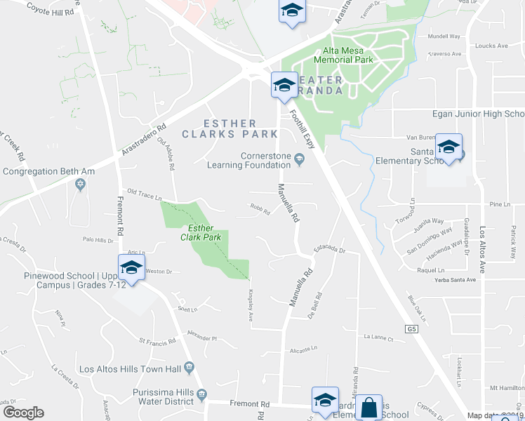 map of restaurants, bars, coffee shops, grocery stores, and more near 26140 Robb Road in Los Altos Hills