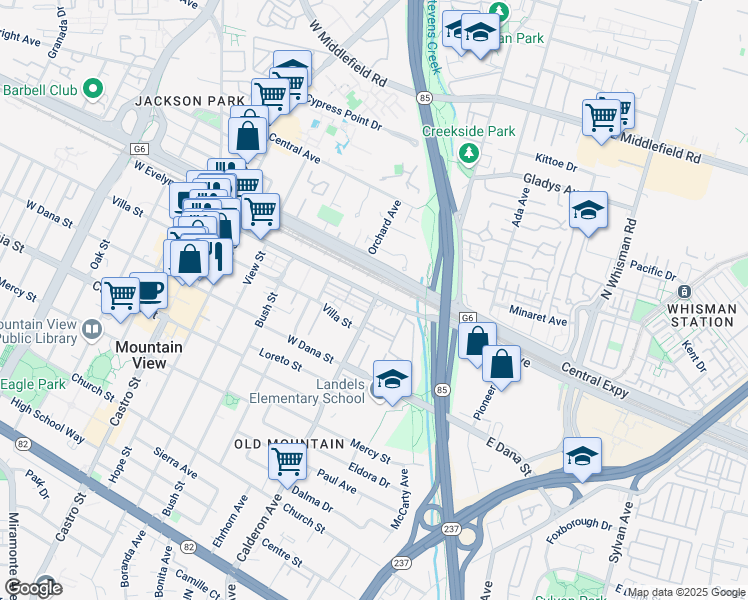 map of restaurants, bars, coffee shops, grocery stores, and more near 100 Calderon Avenue in Mountain View