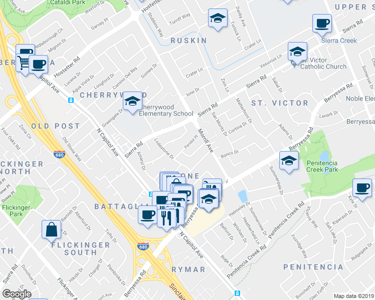 map of restaurants, bars, coffee shops, grocery stores, and more near 2664 Peridot Place in San Jose