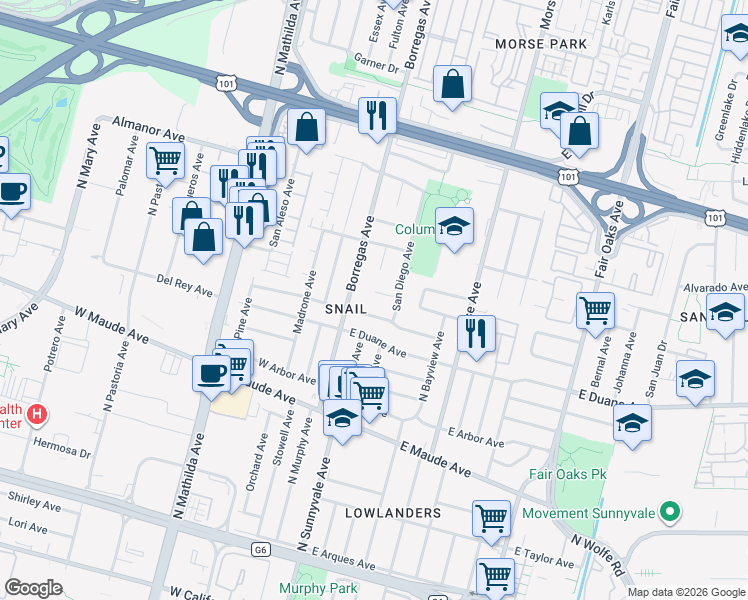 map of restaurants, bars, coffee shops, grocery stores, and more near 248 Eureka Court in Sunnyvale