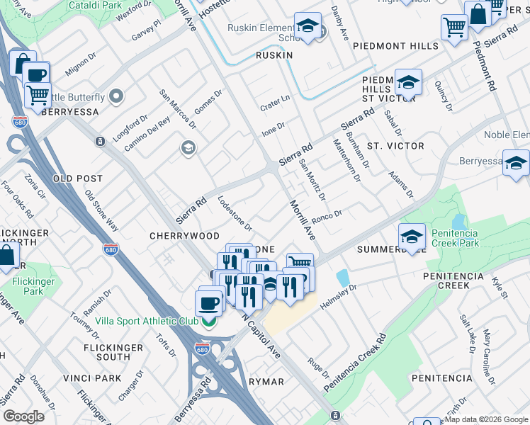 map of restaurants, bars, coffee shops, grocery stores, and more near 2664 Peridot Place in San Jose