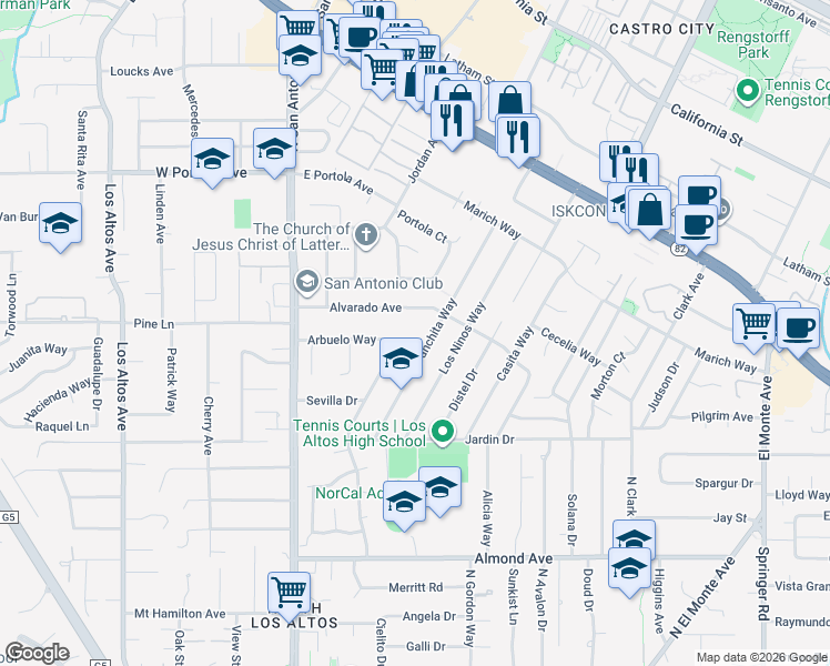 map of restaurants, bars, coffee shops, grocery stores, and more near 584 Panchita Way in Los Altos