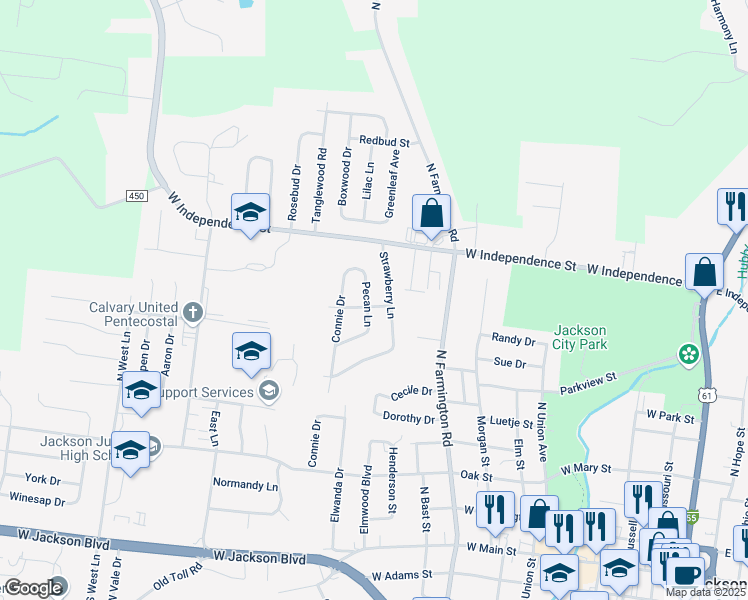 map of restaurants, bars, coffee shops, grocery stores, and more near 803 Strawberry Lane in Jackson