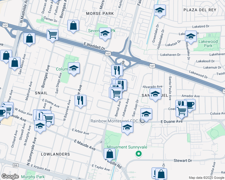 map of restaurants, bars, coffee shops, grocery stores, and more near 702 San Conrado Terrace in Sunnyvale